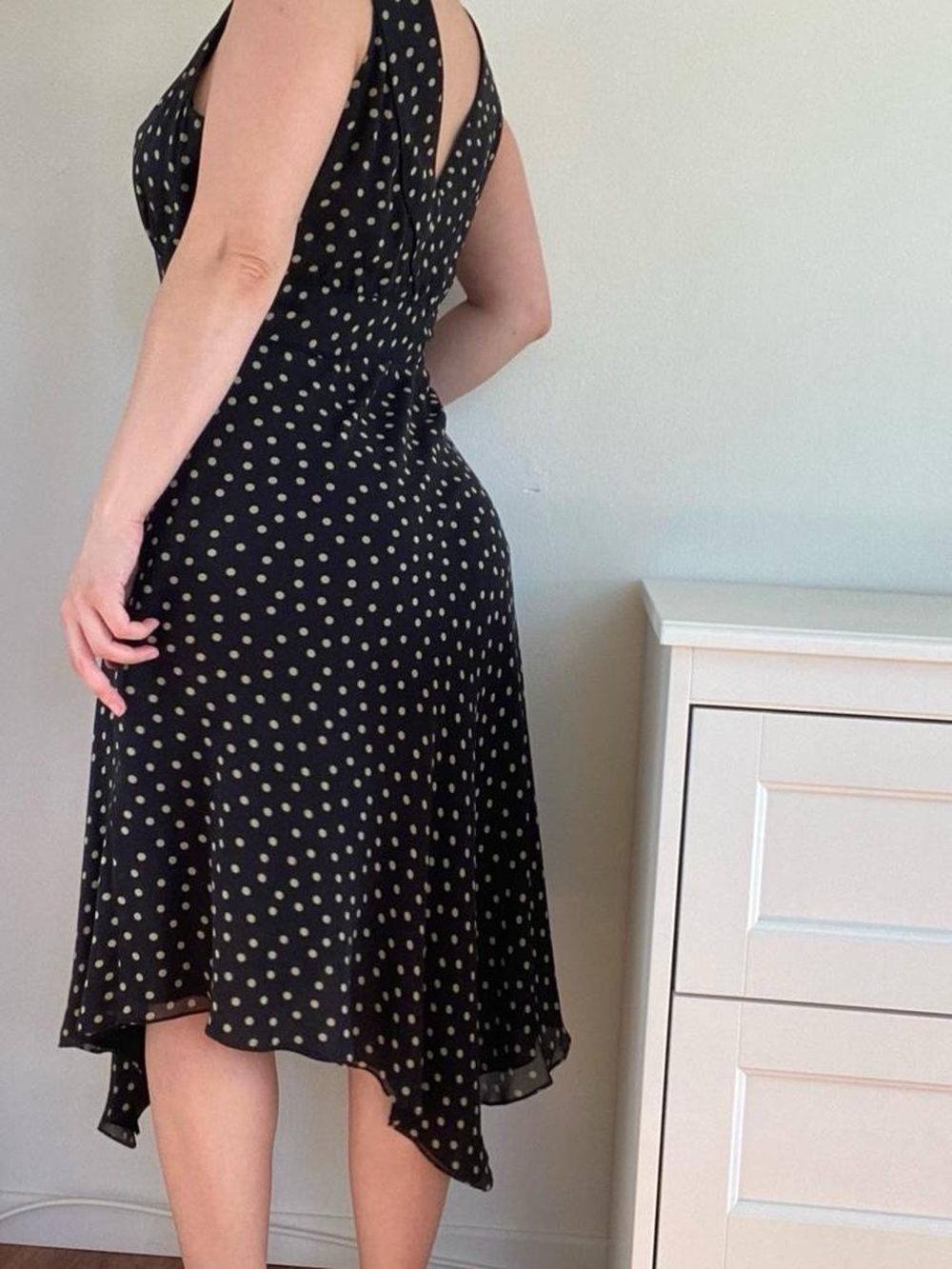 Black Polka Dot silk V-Neck Midi Dress